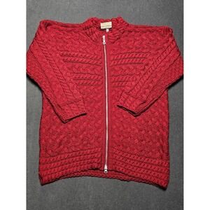 Connemara Knitwear Cardigan XL Red 100% Merino Wool Made Ireland Cable Knit Zip